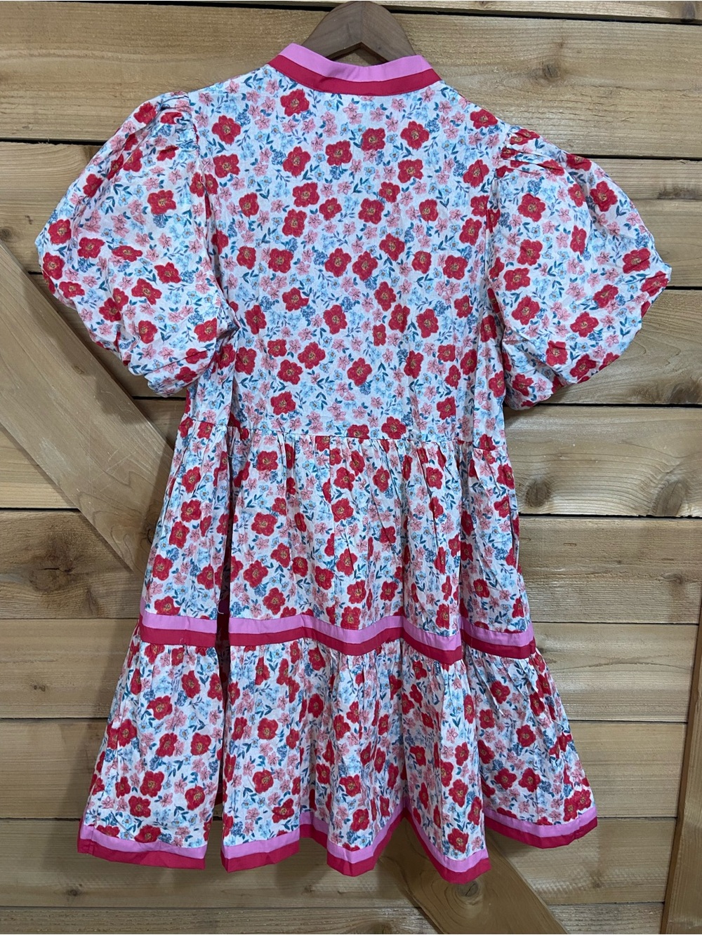 Entro Red Floral Puff-Sleeve Dress - Pink Trim - Picture 2 of 7